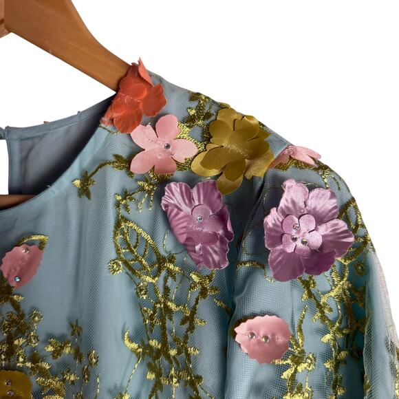 Mestiza Flora Blue 3D Floral Appliqué Flare Sleeve Cocktail Mini Dress Size M - Picture 5 of 16